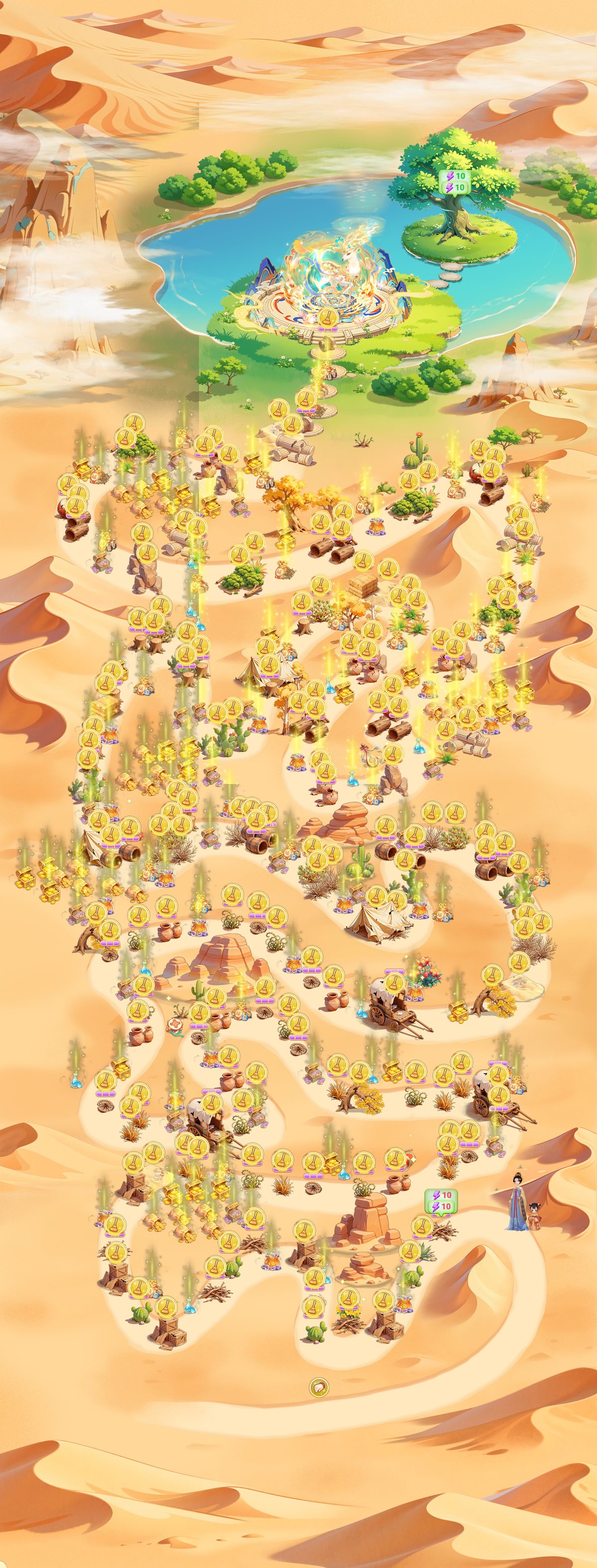 The full Nine-Colored Deer Silk Road map: a winding desert road from the sands up to the Dunhuang oasis, dotted with rewards and scenery.